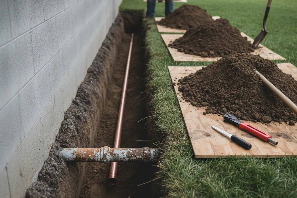 Excavated water line trench during Sewer Line Repair in Coupland